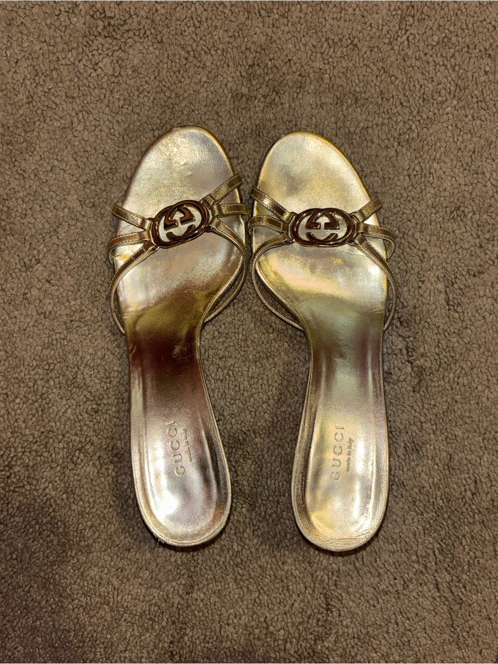 Gucci Metallic Gold Leather Slip-On Mules with Double G
